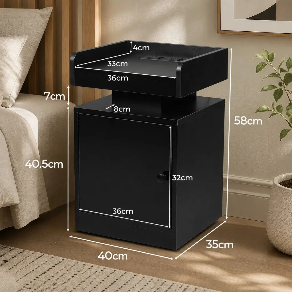 Black Bedside Table Storage Cabinet with USB Charging Ports and RGB LED Lighting Adjustable Partitions 40cm x 35cm x 58cm