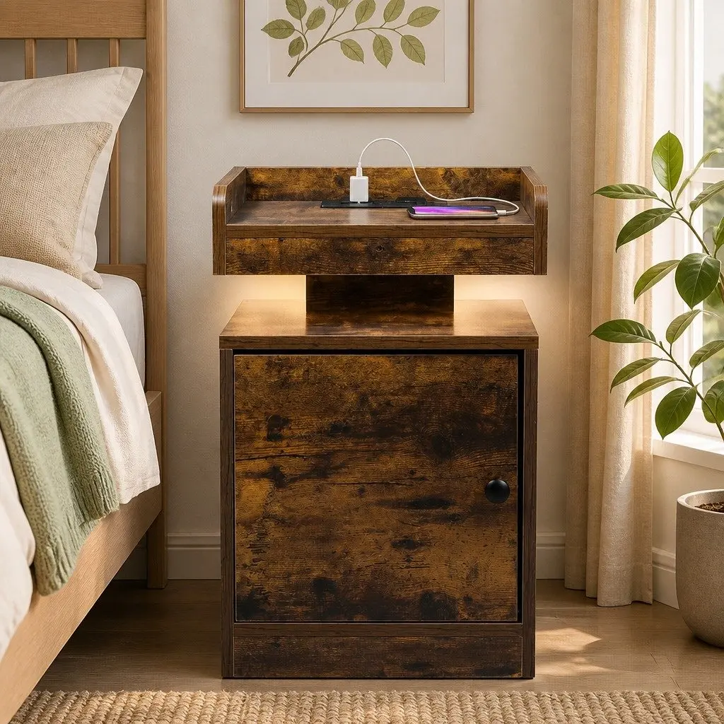 Bedside Table with USB Charger Outlets RGB LED Lighting Nightstand Storage Oak