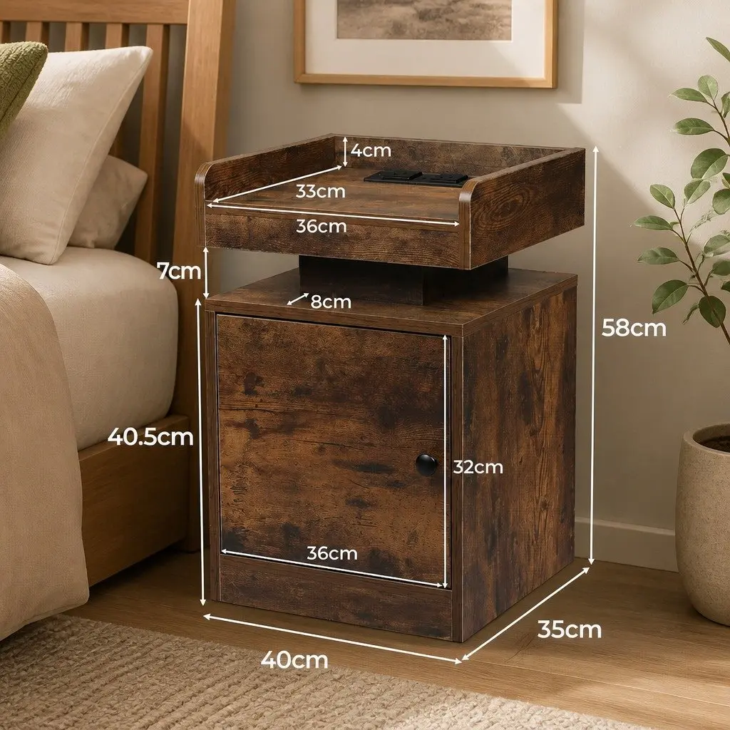 Bedside Table with USB Charger Outlets RGB LED Lighting Nightstand Storage Oak