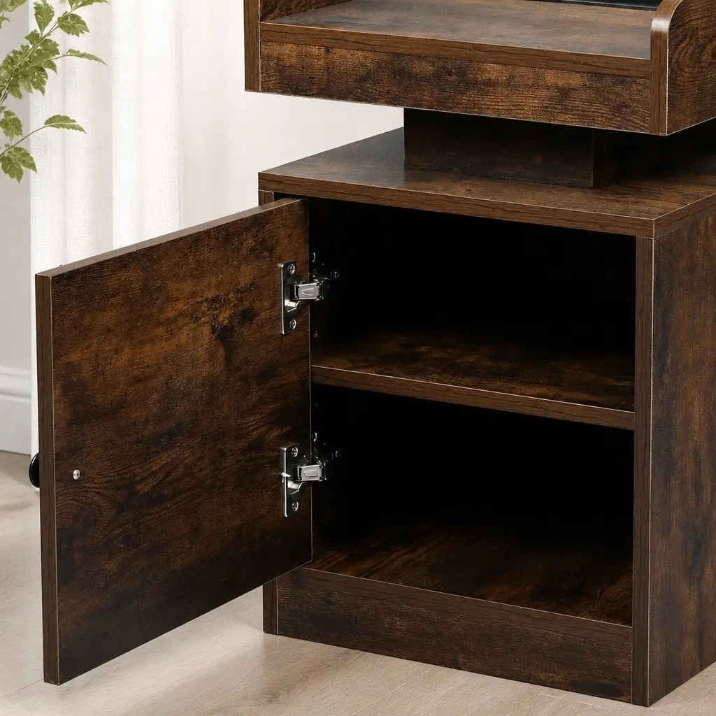 Bedside Table with USB Charger Outlets RGB LED Lighting Nightstand Storage Oak