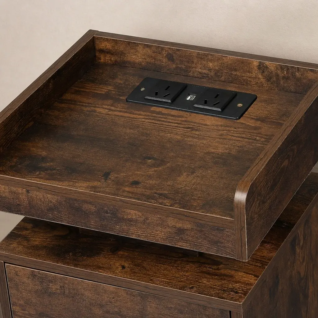 Bedside Table with USB Charger Outlets RGB LED Lighting Nightstand Storage Oak