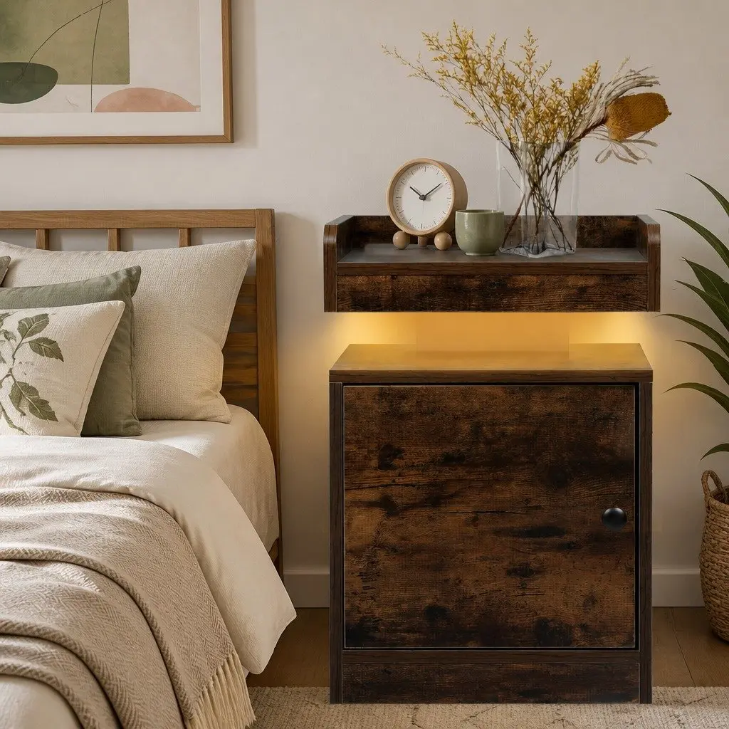 Bedside Table with USB Charger Outlets RGB LED Lighting Nightstand Storage Oak