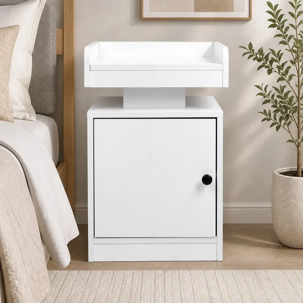 Bedside Table with USB Charger Outlet RGB LED Lights Storage White Nightstand