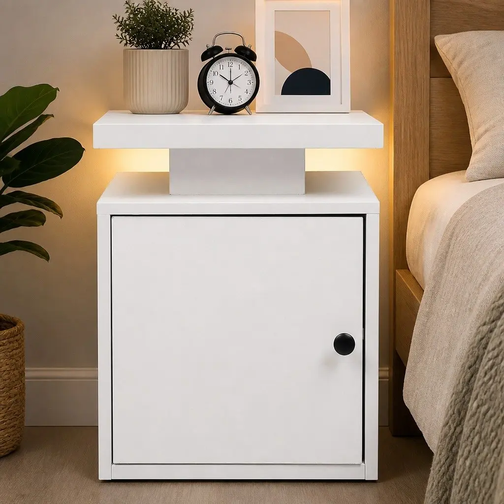 Bedside Table with USB Charger Outlet RGB LED Lights Storage White Nightstand
