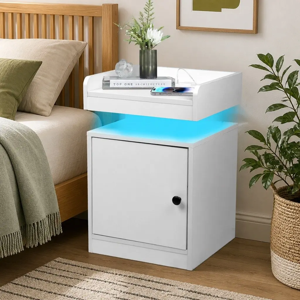 Bedside Table with USB Charger Outlet RGB LED Lights Storage White Nightstand