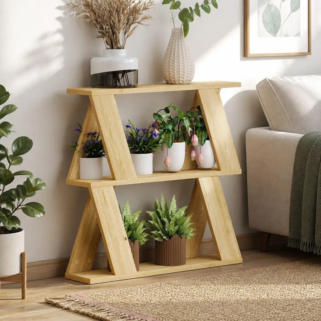 Slim Side Table Storage Compact Coffee Table Two-Tier Design Oak