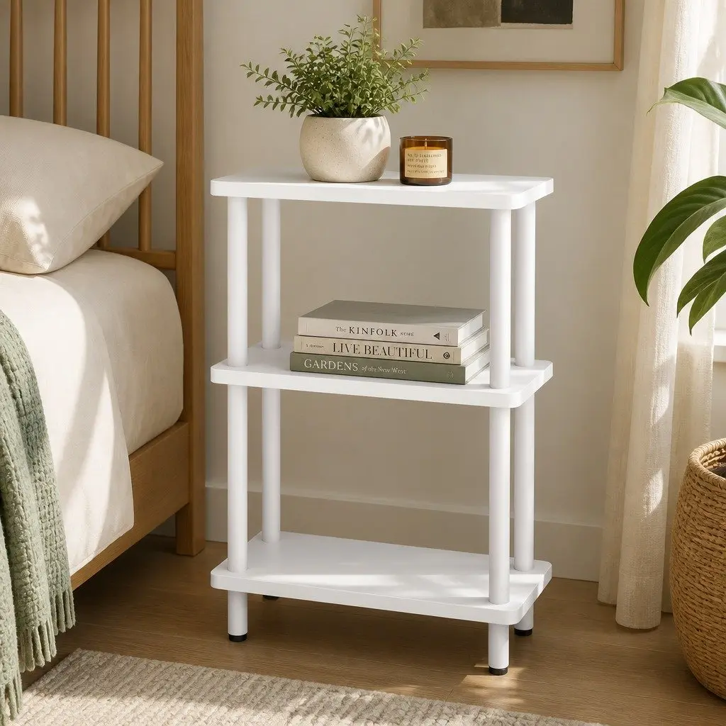 3-Tier Side Table Modern Storage Bedside Narrow Compact White Minimalist Design