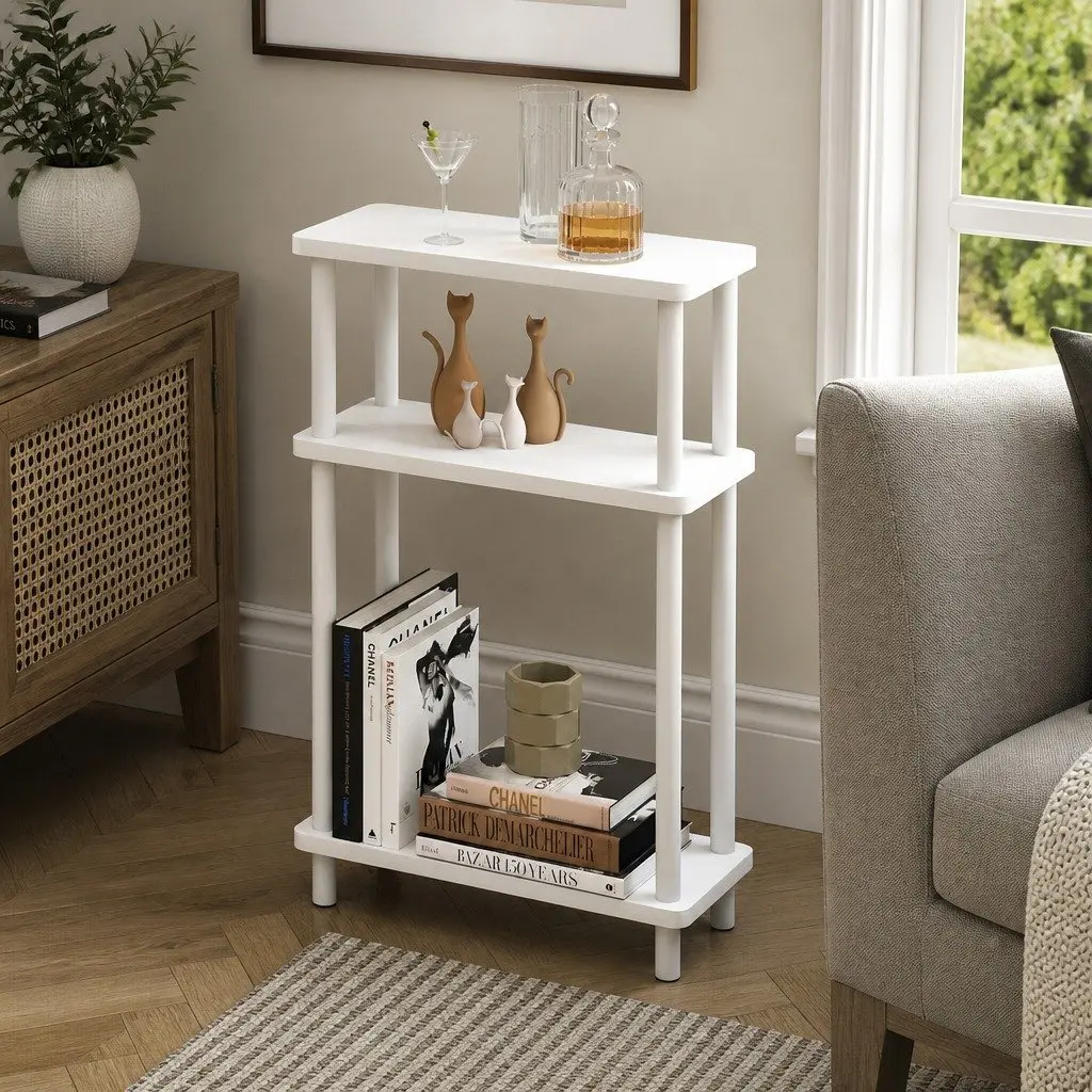 3-Tier Side Table Modern Storage Bedside Narrow Compact White Minimalist Design