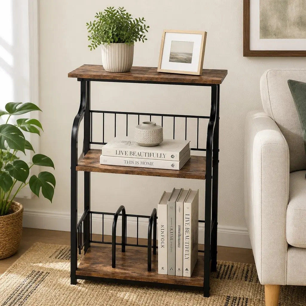 3-Tier Storage Side Table, Vintage Brown Finish