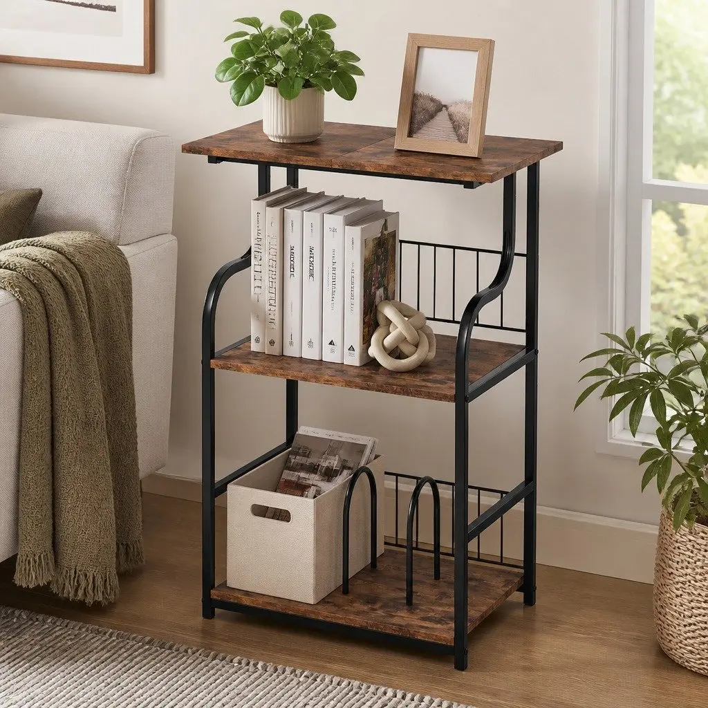 3-Tier Storage Side Table, Vintage Brown Finish
