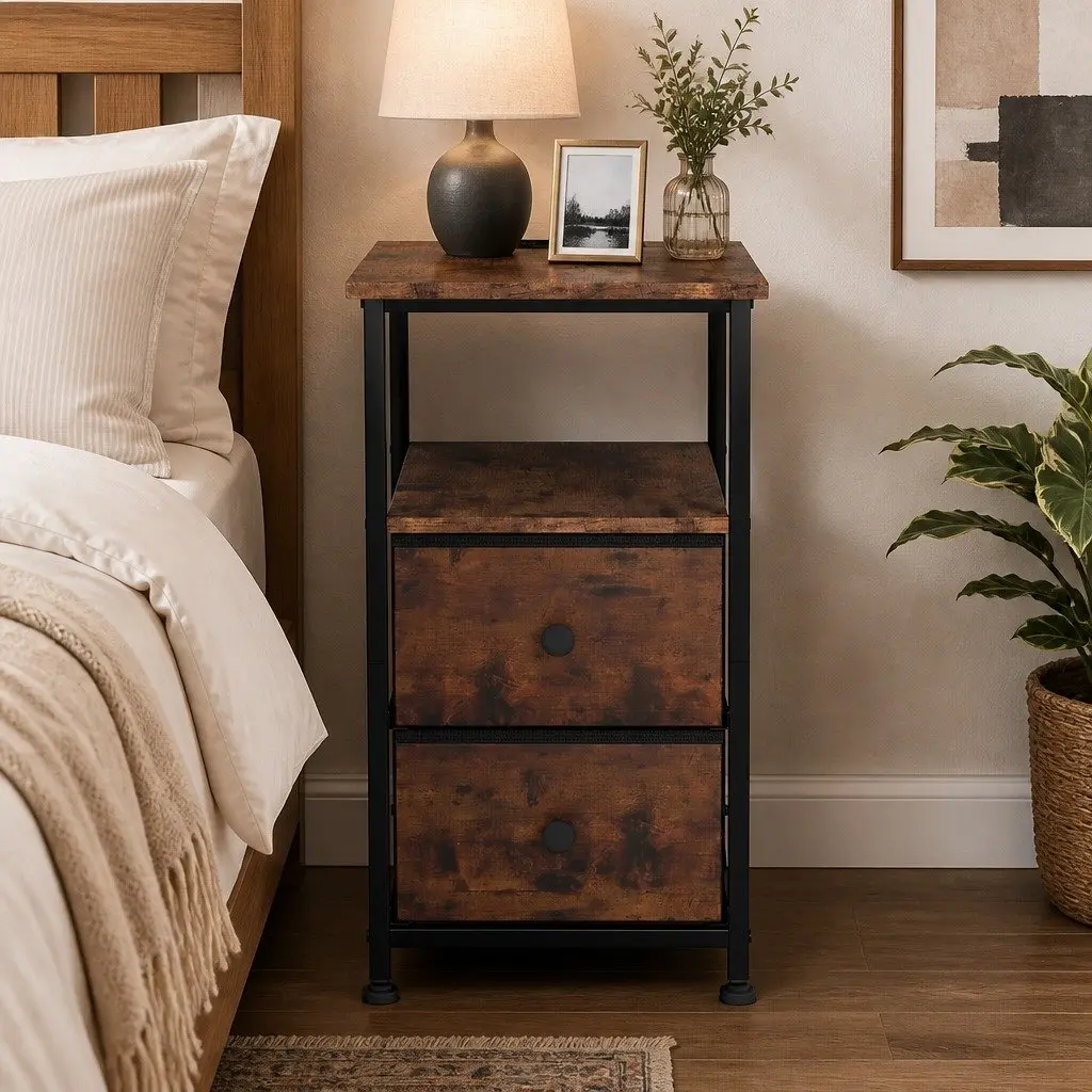 Bedside Table Storage Cabinet with Charging Station 48cm L x 30cm W x 60cm H Brown