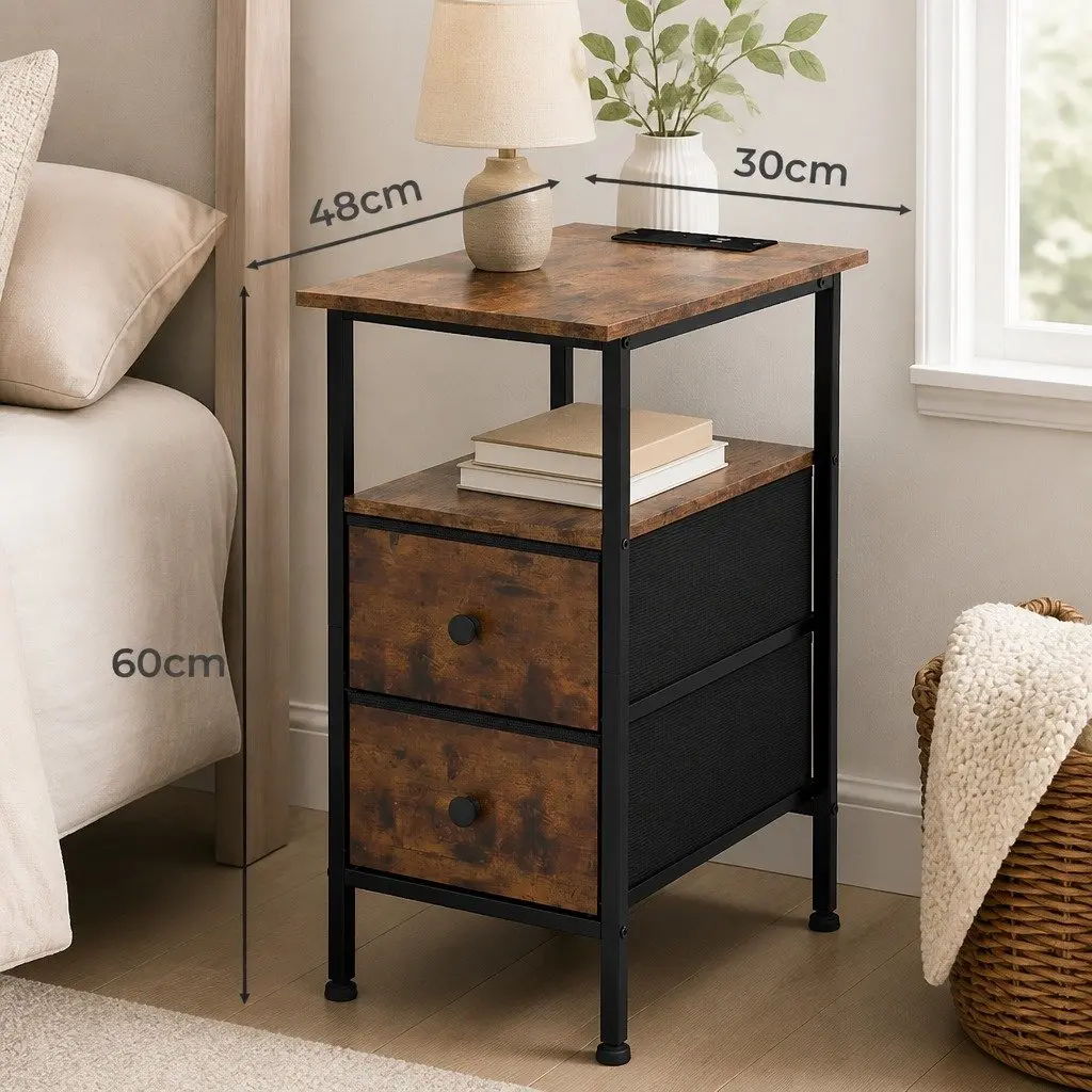 Bedside Table Storage Cabinet with Charging Station 48cm L x 30cm W x 60cm H Brown