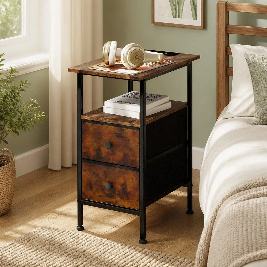 Bedside Table Storage Cabinet with Charging Station 48cm L x 30cm W x 60cm H Brown