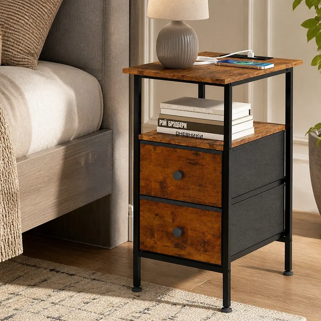 Bedside Table Storage Cabinet with Charging Station 48cm L x 30cm W x 60cm H Brown