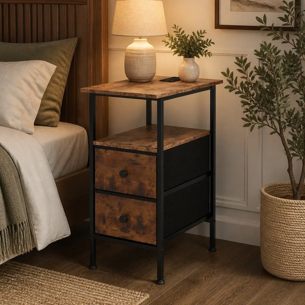 Bedside Table Storage Cabinet with Charging Station 48cm L x 30cm W x 60cm H Brown