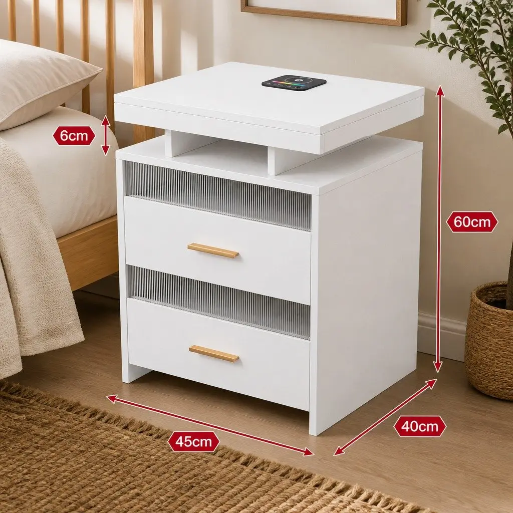 Smart Bedside Table Motion Sensor RGB Charging Nightstand Bedroom Storage White
