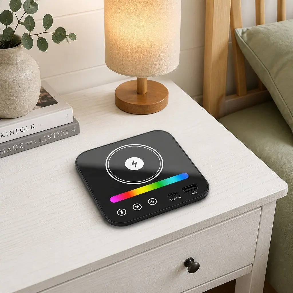 Smart Bedside Table Motion Sensor RGB Charging Nightstand Bedroom Storage White