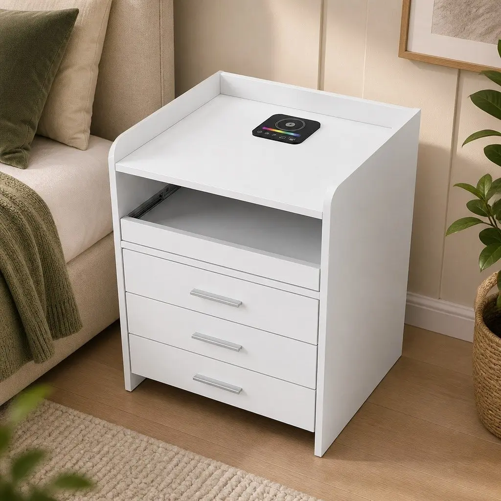 Nightstand Storage USB Wireless Charging Motion Sensor Light 45cm x 40cm x 64cm White