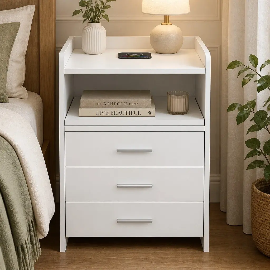 Nightstand Storage USB Wireless Charging Motion Sensor Light 45cm x 40cm x 64cm White