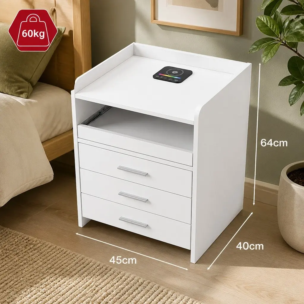 Nightstand Storage USB Wireless Charging Motion Sensor Light 45cm x 40cm x 64cm White