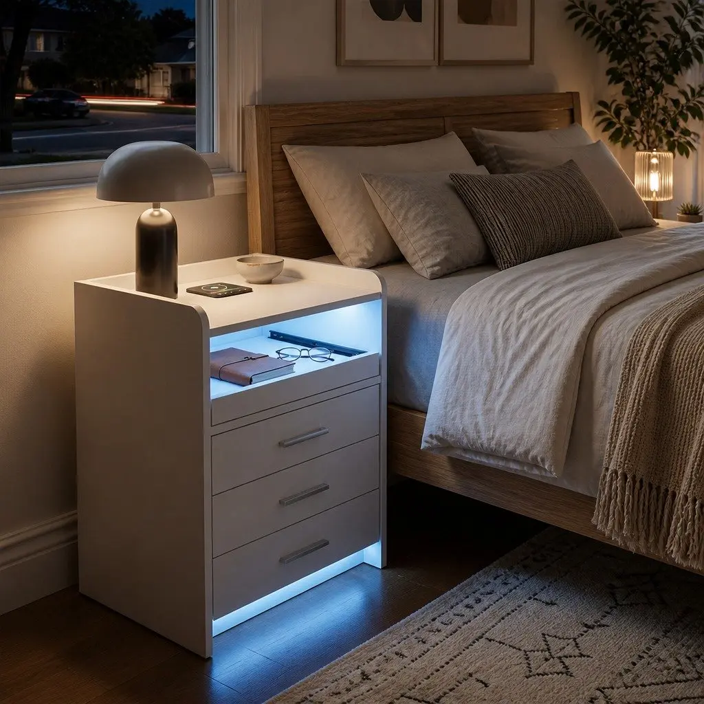 Nightstand Storage USB Wireless Charging Motion Sensor Light 45cm x 40cm x 64cm White