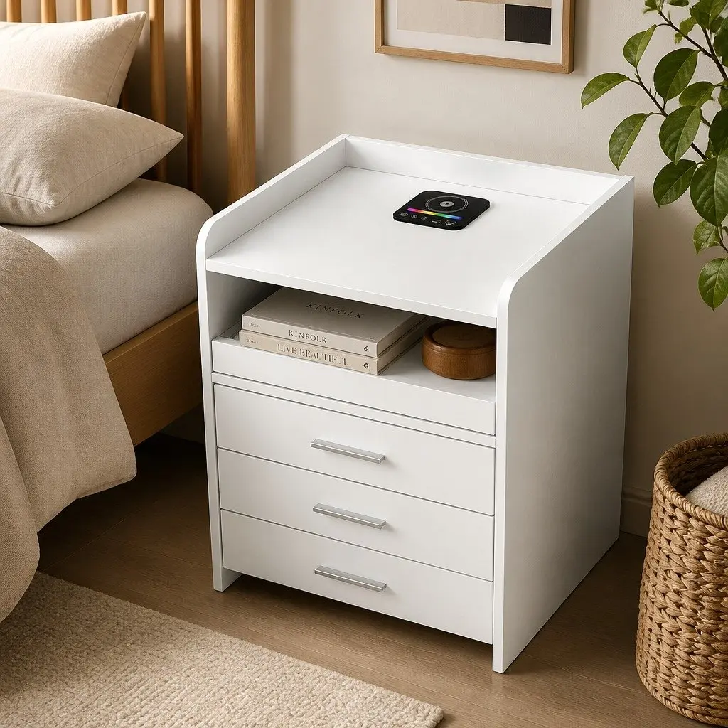Nightstand Storage USB Wireless Charging Motion Sensor Light 45cm x 40cm x 64cm White