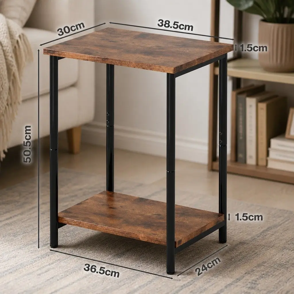 2-Tier Side Table Storage Shelf Compact Nightstand Brown and Black
