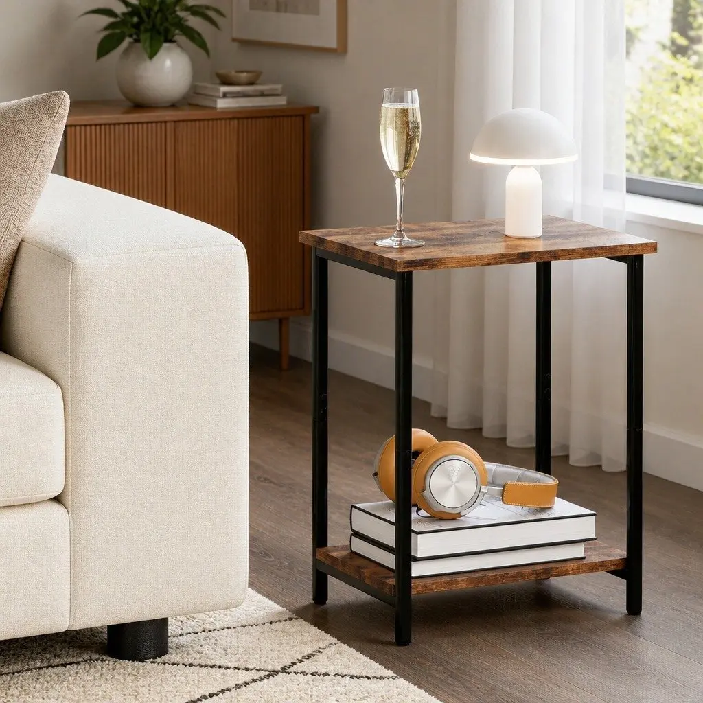 2-Tier Side Table Storage Shelf Compact Nightstand Brown and Black