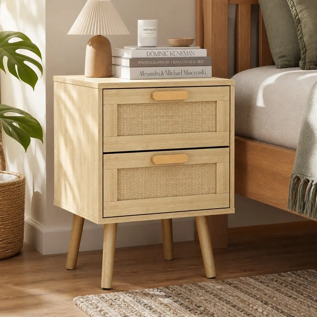 Bedside Tables Set of 2 Wooden Side Table Nightstand Bedroom Rattan Drawers Natural Bamboo 40cm x 40cm x 56cm