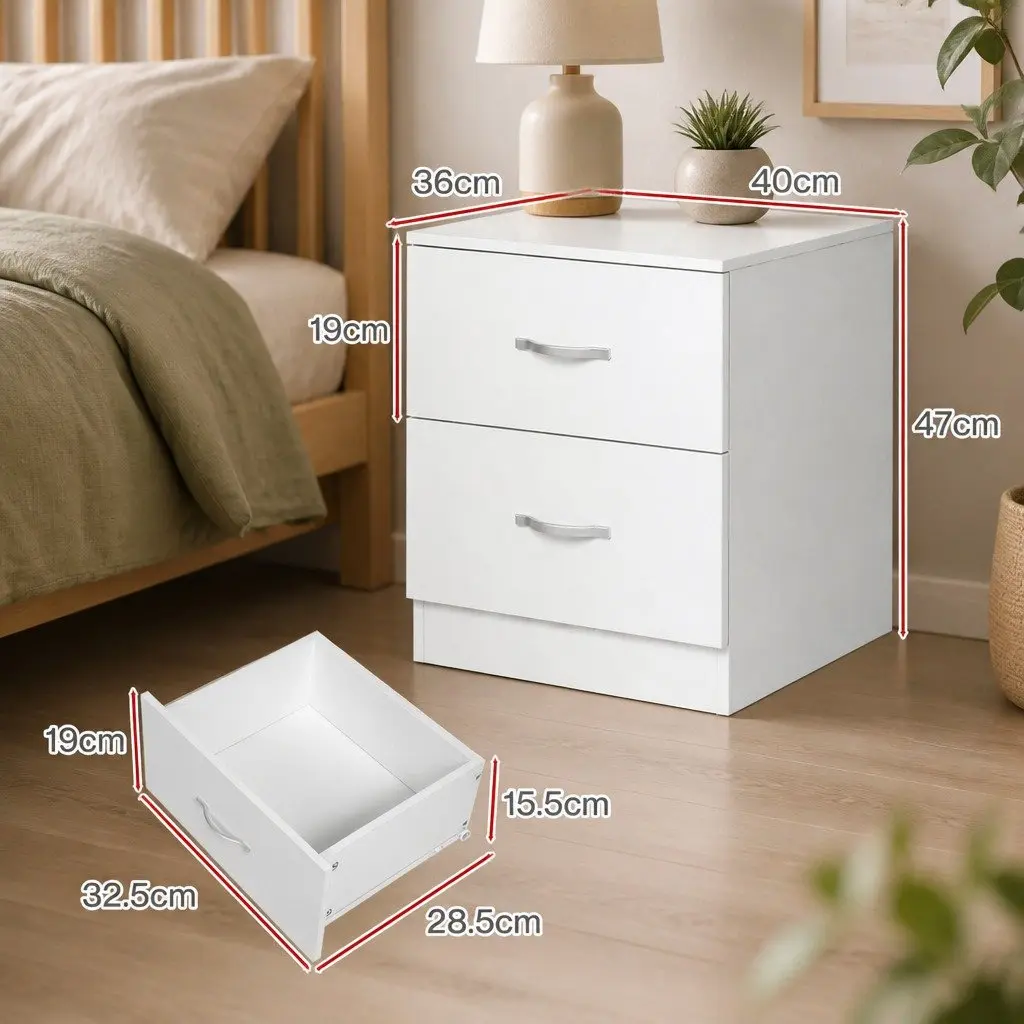 Bedside Table Side Table 2 Drawers Storage Nightstand Bedroom Cabinet White