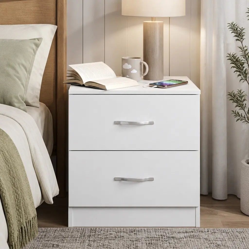 Bedside Table Side Table 2 Drawers Storage Nightstand Bedroom Cabinet White