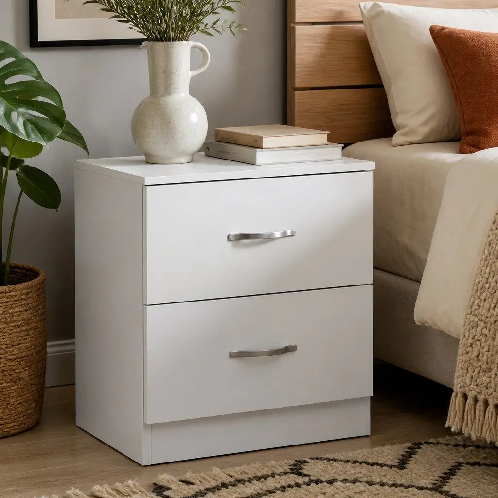 Bedside Table Side Table 2 Drawers Storage Nightstand Bedroom Cabinet White