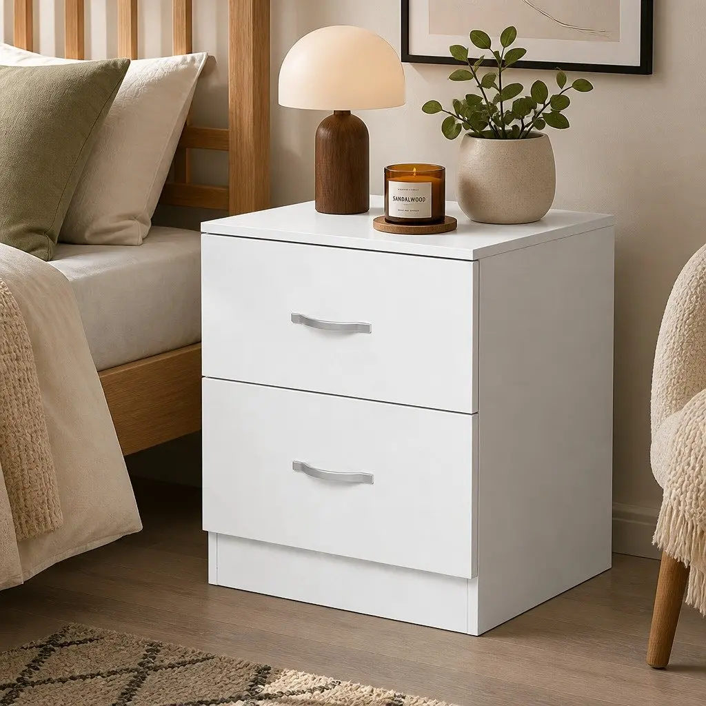 Bedside Table Side Table 2 Drawers Storage Nightstand Bedroom Cabinet White