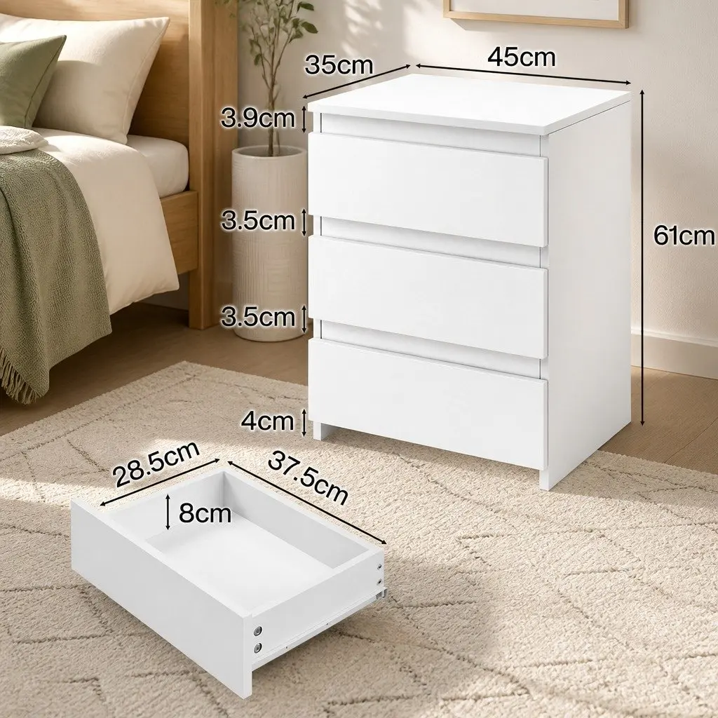 Bedside Table Side Table 3 Drawers Storage Nightstand Bedroom Cabinet White