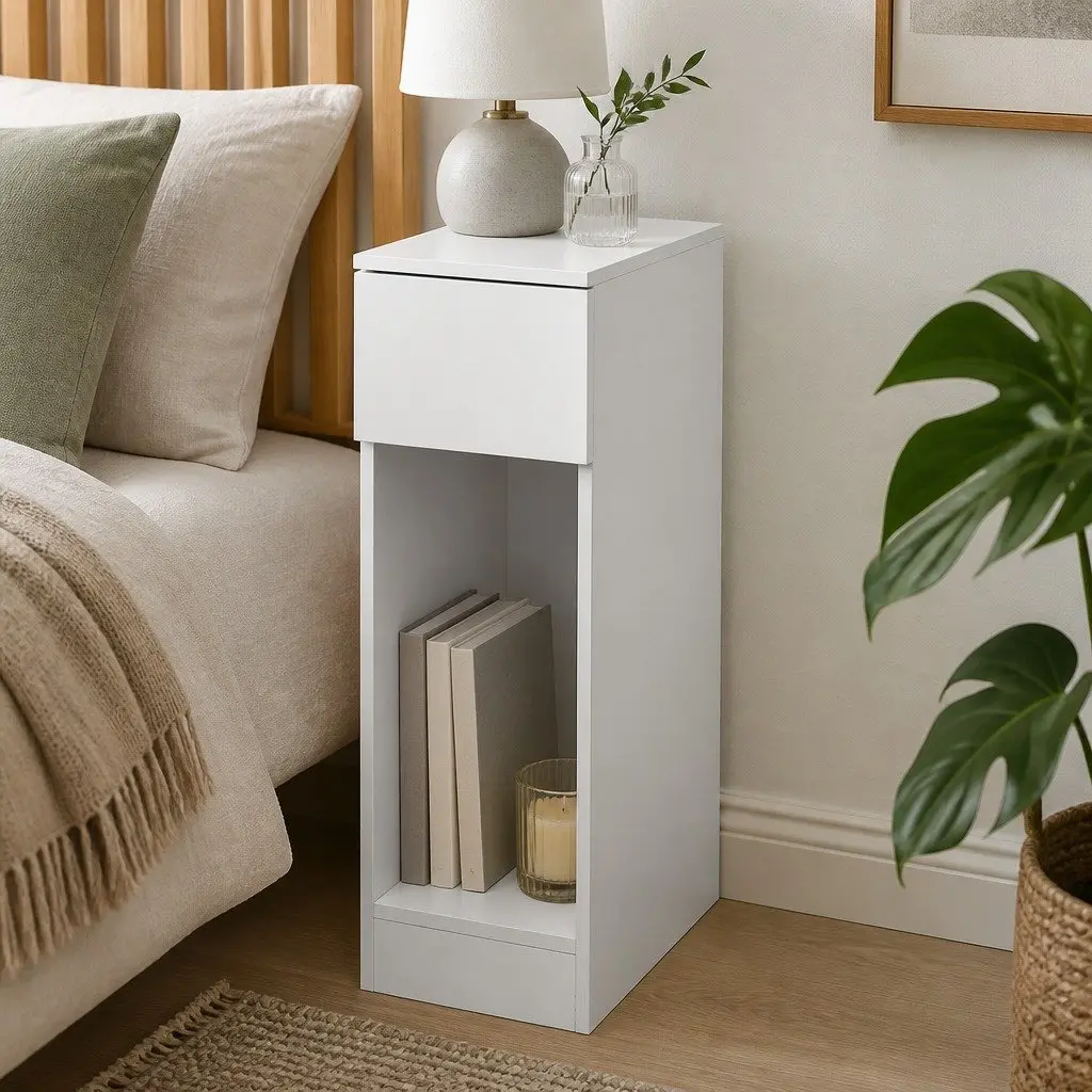 Slim Bedside Table Nightstand Bedroom Storage Cabinet with Drawer Open Shelf