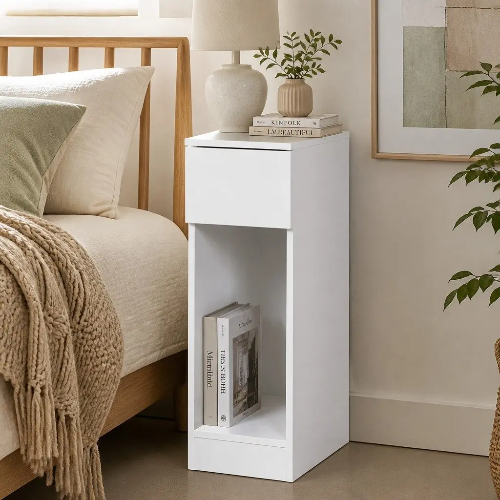 Slim Bedside Table Nightstand Bedroom Storage Cabinet with Drawer Open Shelf