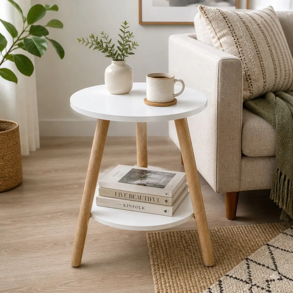 Round Coffee Table 2-Tier Side Table Living Room Bedroom Storage Organiser