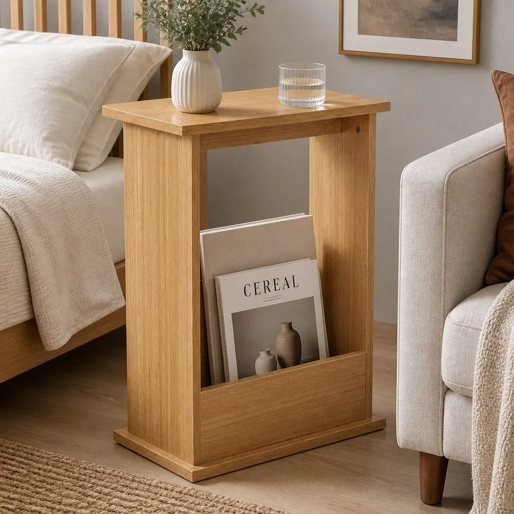 Slim Side Table Magazine Rack Compact Storage Dark Oak 45cm x 18cm x 55cm