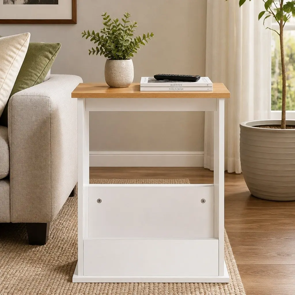 Slim Side Table Magazine Rack Storage Compact Living Room Natural 45cm L x 18cm W x 55cm H