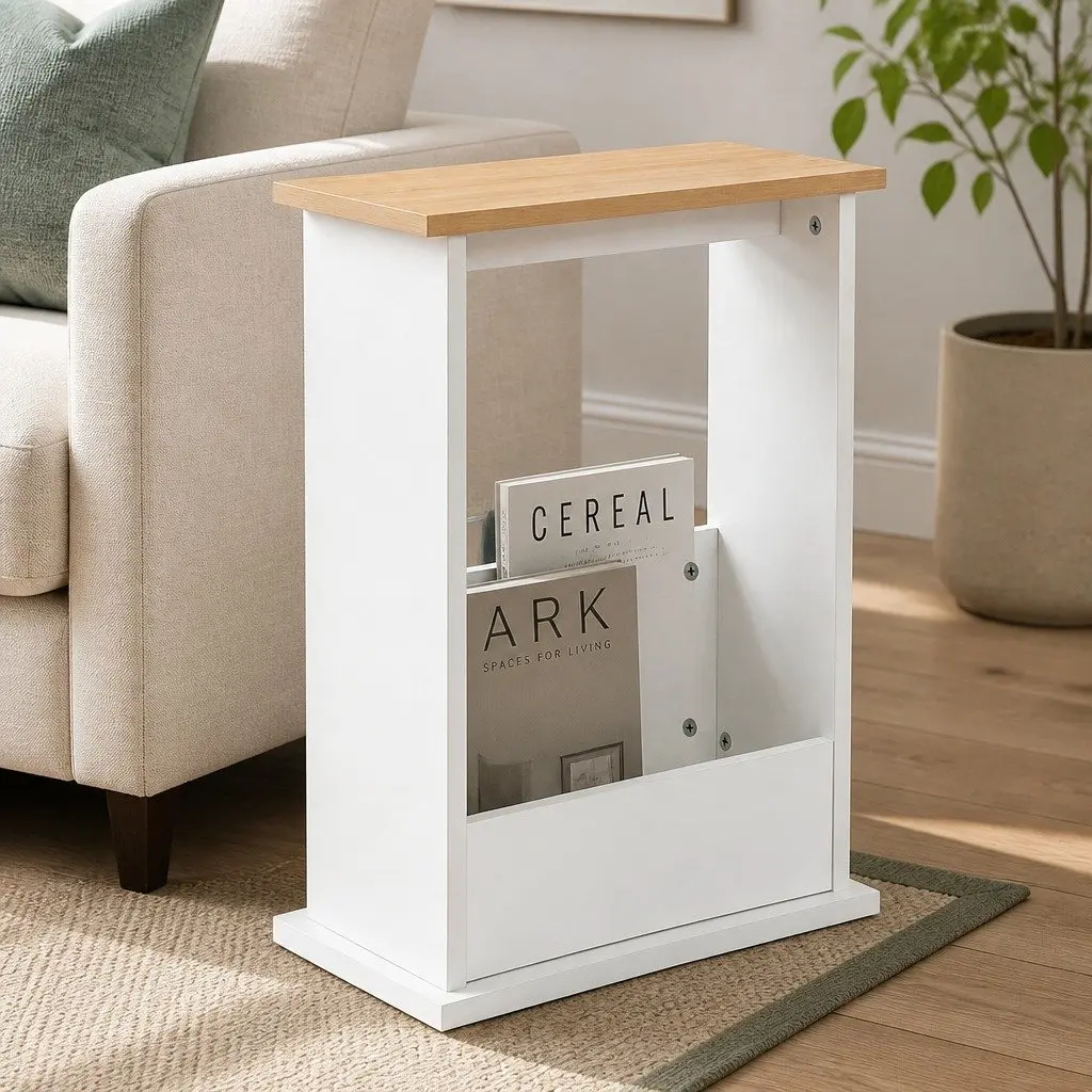 Slim Side Table Magazine Rack Storage Compact Living Room Natural 45cm L x 18cm W x 55cm H