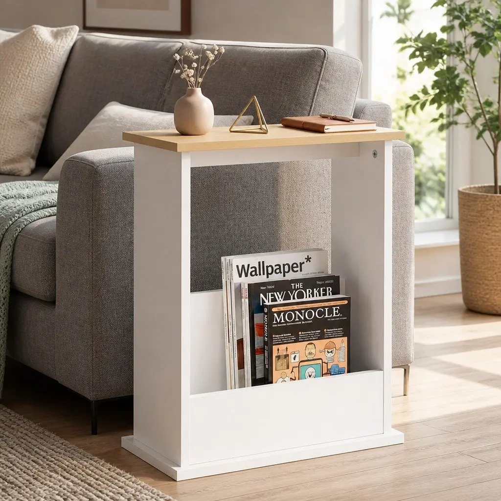 Slim Side Table Magazine Rack Storage Compact Living Room Natural 45cm L x 18cm W x 55cm H