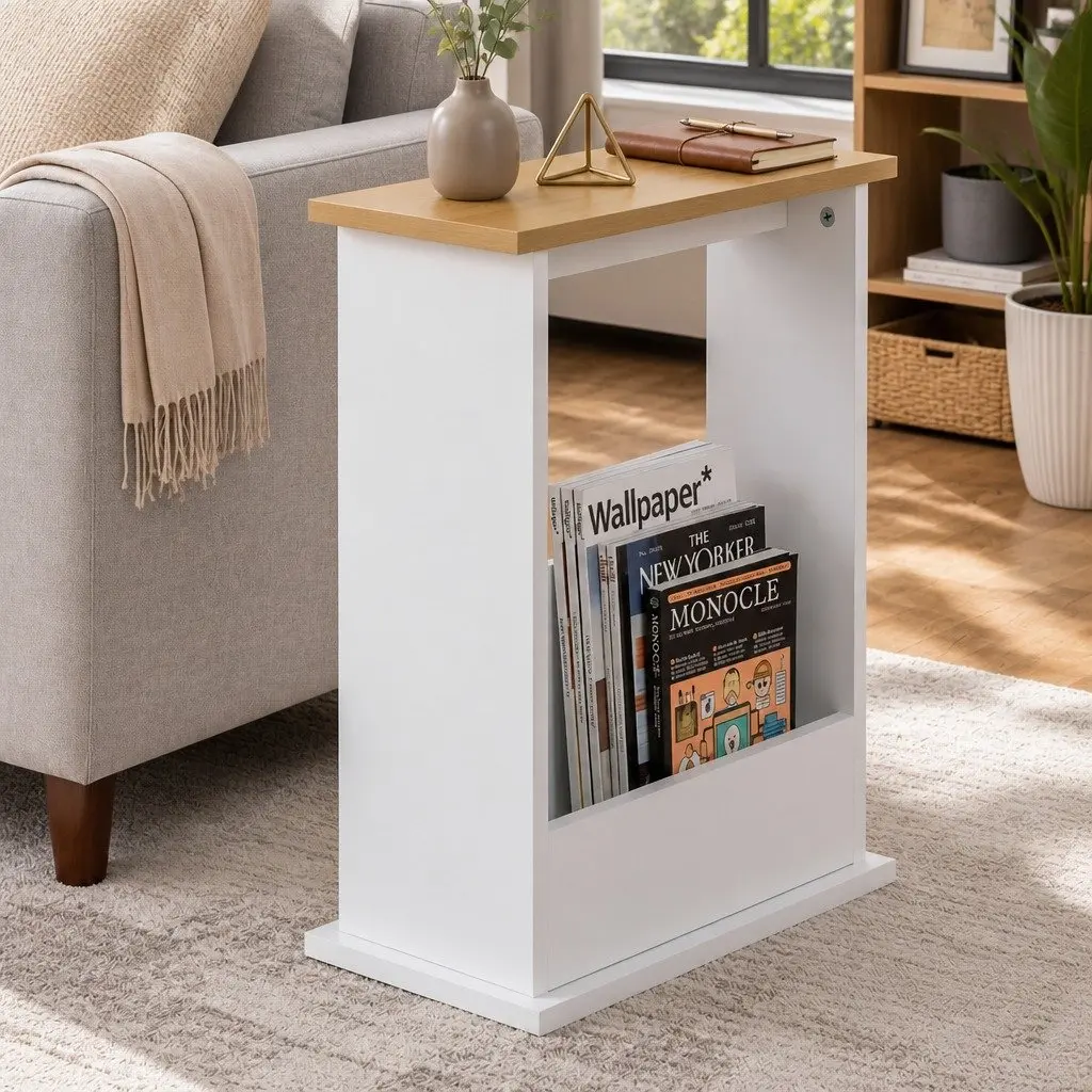 Slim Side Table Magazine Rack Storage Compact Living Room Natural 45cm L x 18cm W x 55cm H