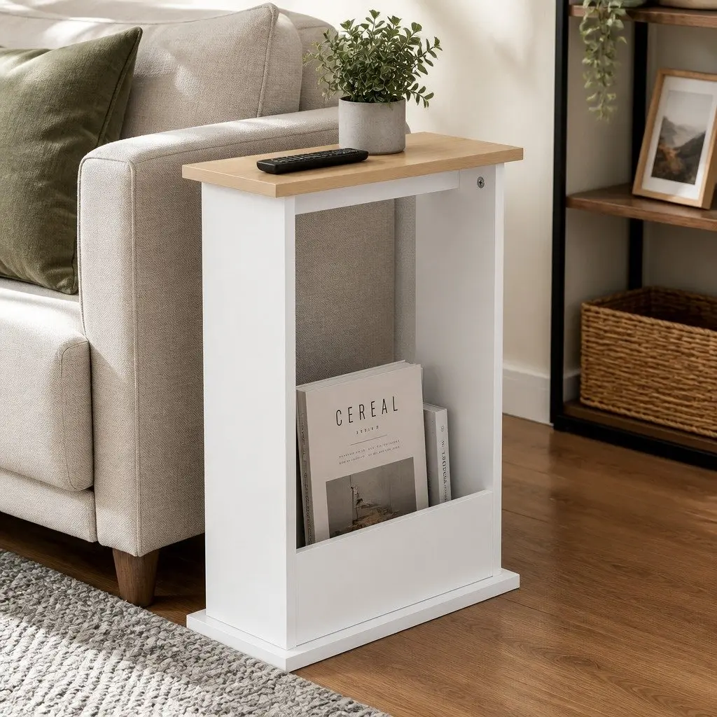 Slim Side Table Magazine Rack Storage Compact Living Room Natural 45cm L x 18cm W x 55cm H