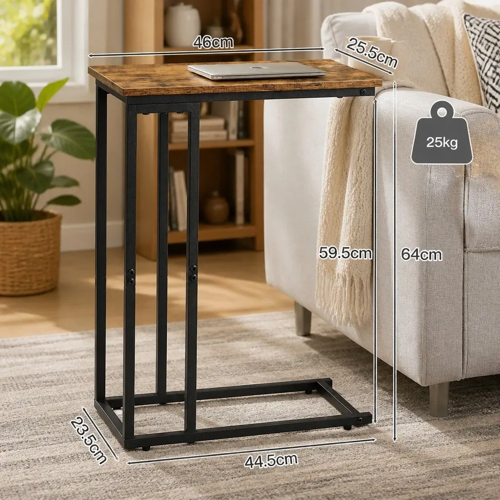 C Shaped Side Table Compact Waterproof Metal Frame Rustic Brown and Black