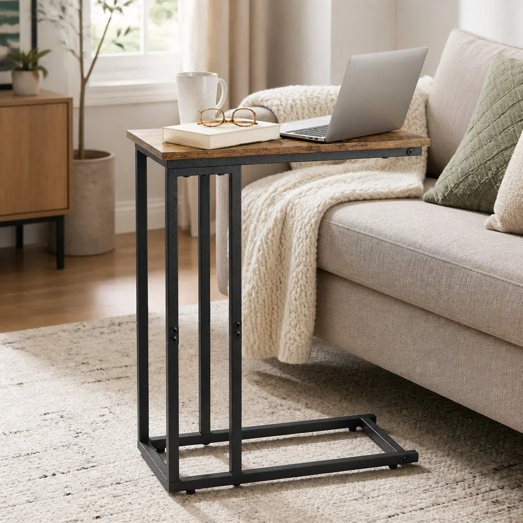 C Shaped Side Table Compact Waterproof Metal Frame Rustic Brown and Black