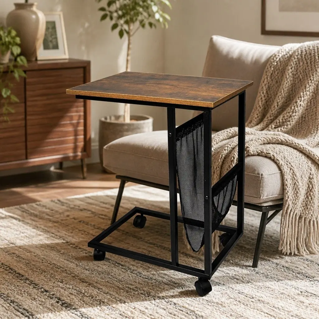 Side Table Mobile Coffee Table Industrial Style 55cm Brown Black