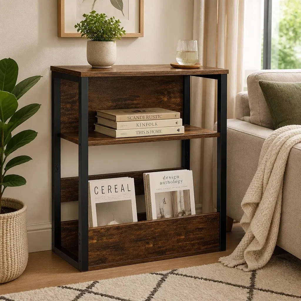 3-Tier Side Table Metal Frame Wood Top Compact Living Room End Table Brown Black