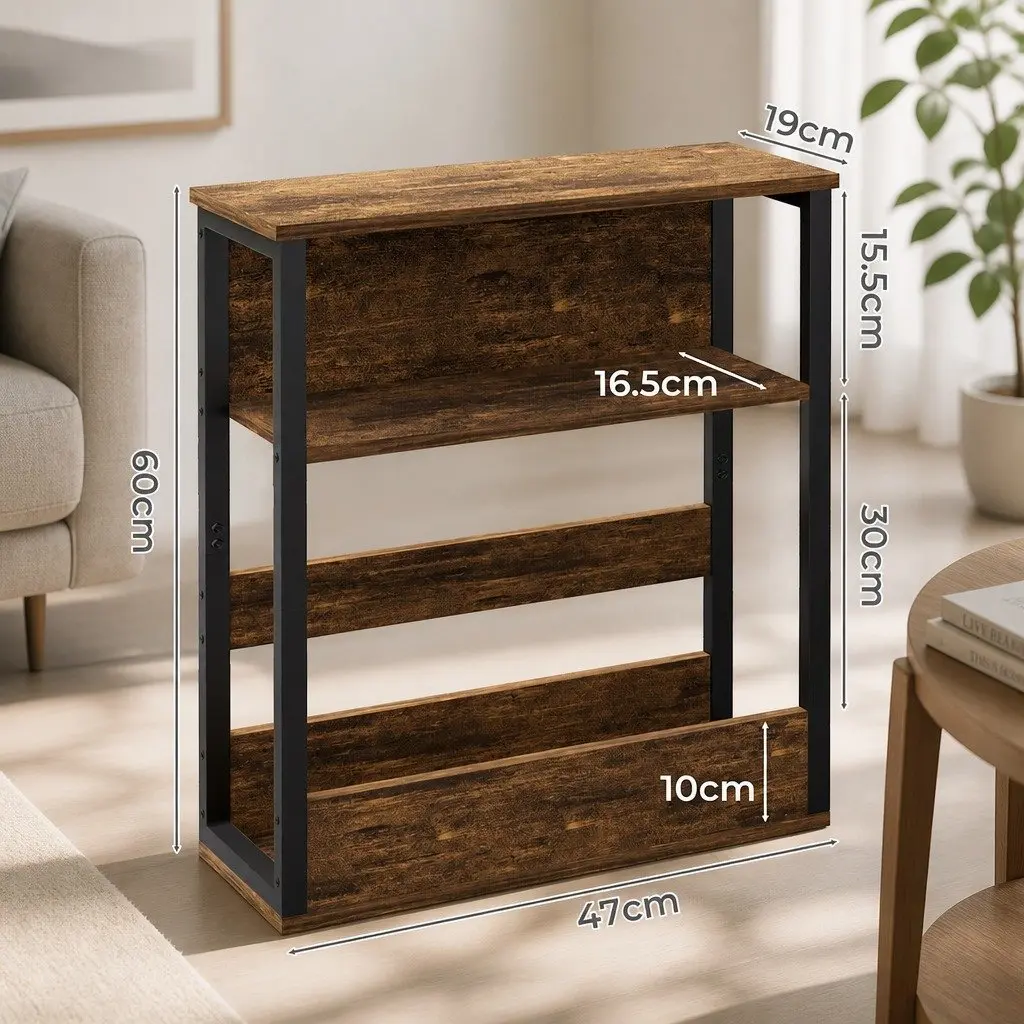 3-Tier Side Table Metal Frame Wood Top Compact Living Room End Table Brown Black