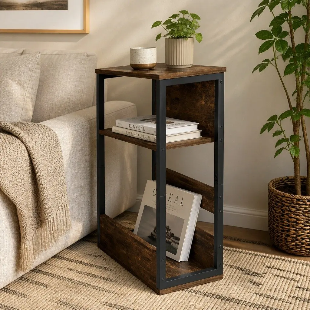 3-Tier Side Table Metal Frame Wood Top Compact Living Room End Table Brown Black