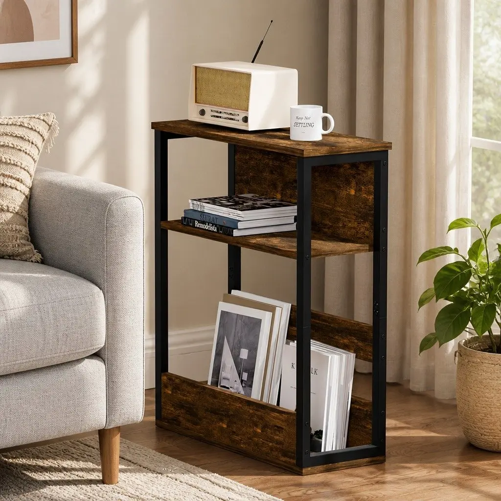 3-Tier Side Table Metal Frame Wood Top Compact Living Room End Table Brown Black